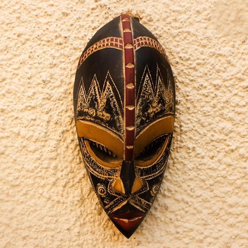NOVICA Light Brown Handcrafted Nigerian Wood Wall Mask with Aluminum Accents, 'King's Companion'
