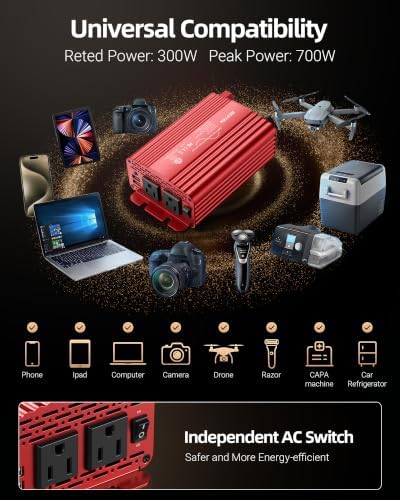 BESTEK 300W Pure Sine Wave Power Inverter - DC 12V to AC 110V Car Converter