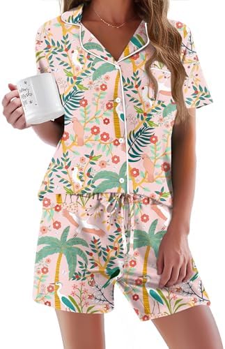 Ekouaer Pajamas Set for Women Short Sleeve Sleepwear Button Down Pj XS-XXXL | Summer 2 Piece Lounge Set, Soft Fabric, Drawstring Waistband, for Bridesmaid Bride Party, Plus Size, Petite, Cute Pattern