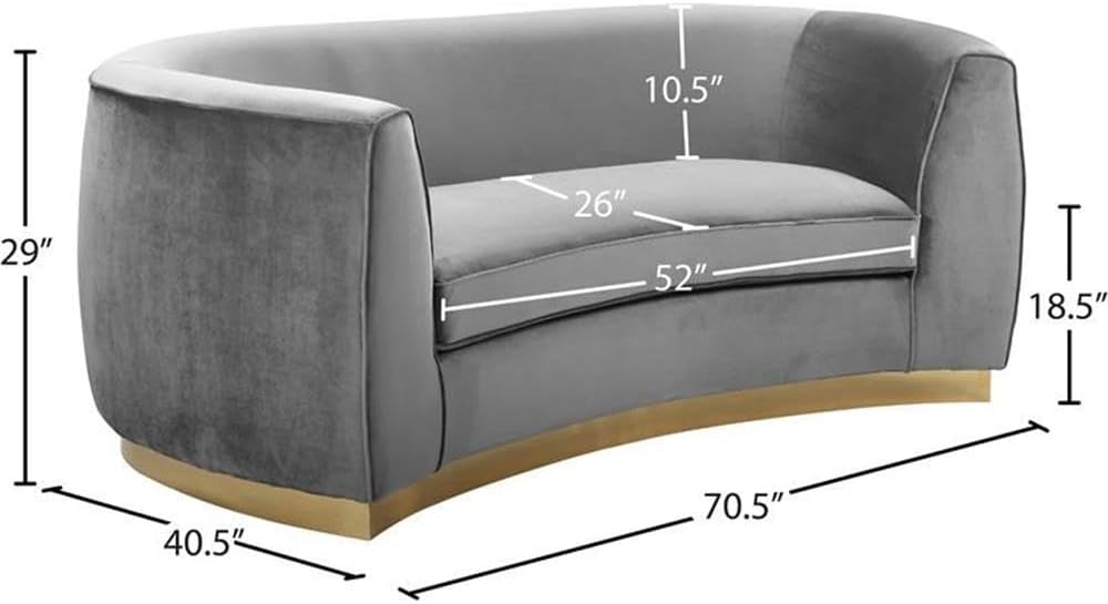 Meridian Furniture Julian Collection Modern | Contemporary Velvet Upholstered Loveseat with Stainless Steel Base in Rich Gold Finish, Black, 70" W x 34" D x 28" H