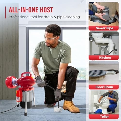 Drain Cleaner Machine 40FT, 350W 2 Cables, Electric Drain Auger for 3/4" to 4" Pipes, Electric Drain Auger with 6 Cutters for Toilet, Sewer, Bathroom