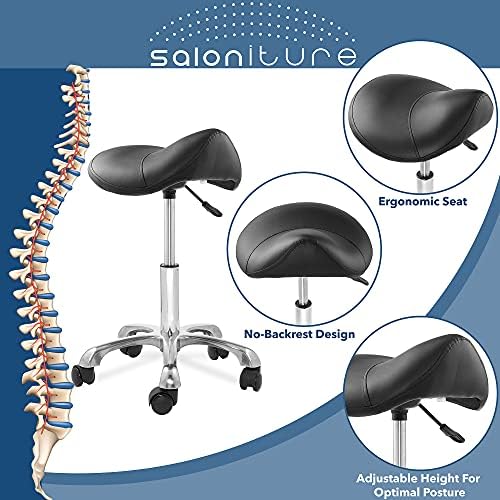 Saloniture Professional Ergonomic Saddle Stool, Black - Adjustable Hydraulic Seat, Rolling Spa Salon, Massage