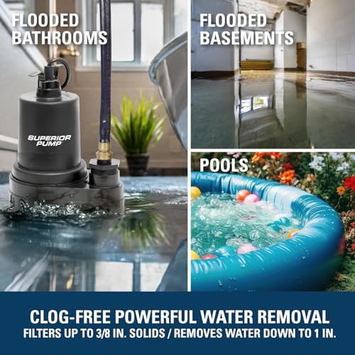 Superior Pump 91570 3300GPH Thermoplastic Submersible Utility Pump with 10-Foot Cord, 1/2 HP