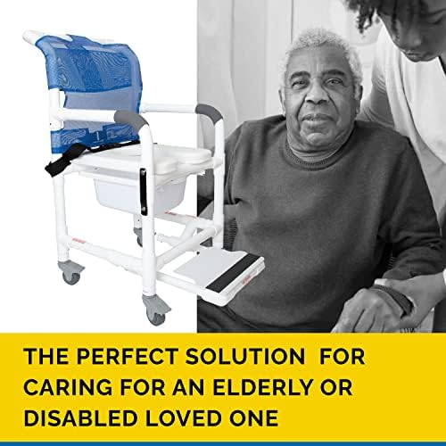 Institutional Grade Rolling Shower Commode Chair with Wheels & Drop Arms – Padded Seat, Locking Casters, Sliding Footrest