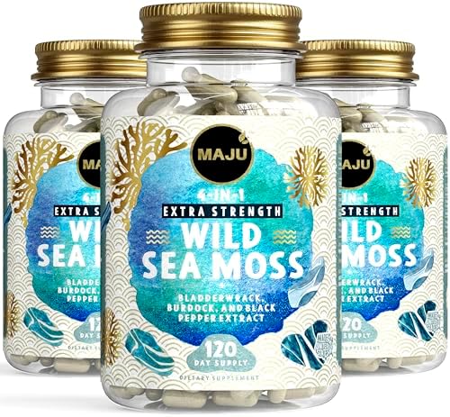MAJU 4-in-1 Organic Sea Moss Capsules, Wild Chondrus Crispus, Seamoss w/Bladderwrack + Burdock Root, Stronger Than Gel, Irish