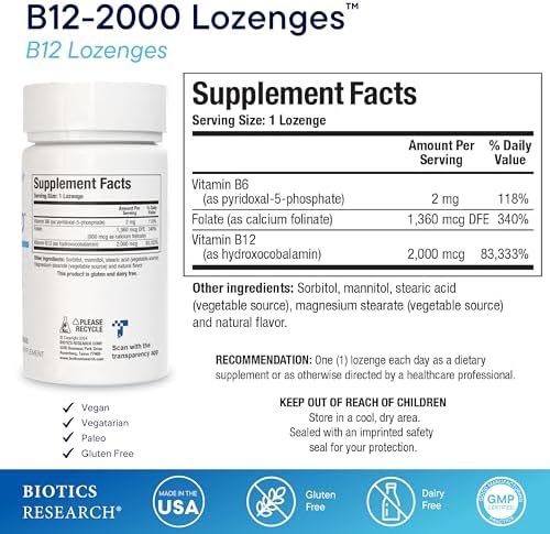 BIOTICS RESEARCH B12-2000™ Vitamin B12 2000 mcg, B6, Folate–B12 Sublingual Lozenges, Methylation Support Supplement, High Potency