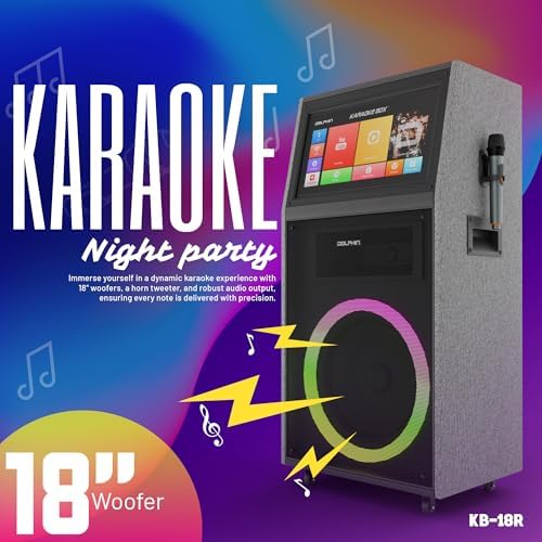 Dolphin Karaoke Machine with 2 Wireless Microphones, 18" Woofer | 18.5" Touchscreen, Android 12, Bluetooth, HDMI, USB, TF, AUX & FM Inputs