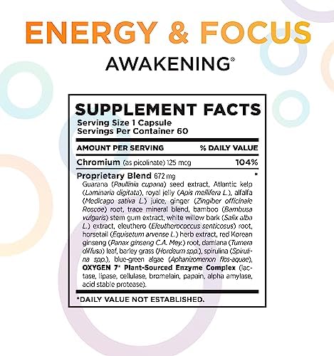 Awakening Natural Energy & Focus Supplement with Panax Ginseng, Guarana Extract & Chromium Picolinate | Brain Supplement for Focus, Energy