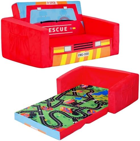 MallBest Kids Sofas Children's Sofa Bed Baby's Upholstered Couch Sleepover Chair Flipout Open Recliner(Red/Fire Truck)