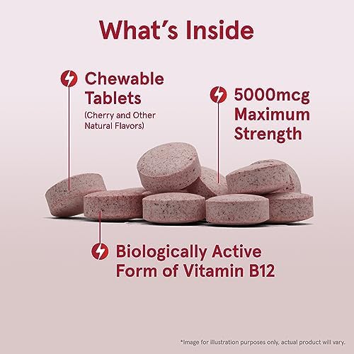 Jarrow Formulas Methyl Vitamin B12 5000 mcg - 60 Chewable Tablets, Naturally Fruit Flavored- Bioactive B12 Vitamin - Supports Cellular Energy Production, Brain Health & Metabolism - 60 Servings | Fruit Flavored, Bioactive B12 Vitamin, Supports Cellular E…