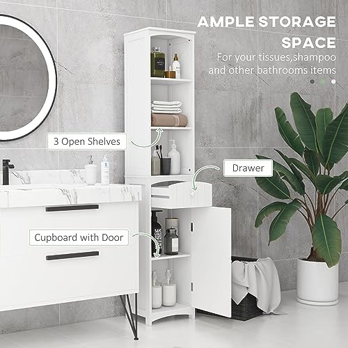 HOMCOM Bathroom Storage Cabinet Free Standing Bathroom Storage Unit White | Tall Linen Tower, 3-Tier Shelves, Drawer