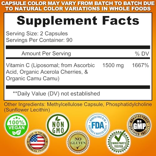 Liposomal Vitamin C Supplement 1500mg with Organic Acerola & Camu Camu