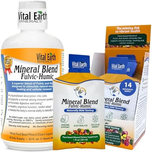 Vital Earth Minerals Fulvic Humic Mineral Blend Liquid 2-Pack – Fulvic Acid Supplement with 70+ Trace Minerals, Electrolytes for Recovery, Balance & Energy, 32 Oz Ea + 1 Oz Cup Ea