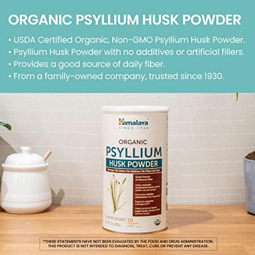 Himalaya USDA Organic Psyllium Whole Husk Powder, Natural Daily Fiber Supplement, Regularity, Appetite Management, Non-GMO, 56-Tablespoon Supply, Unflavored, 12 Oz