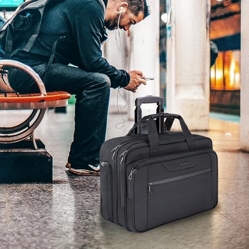 KROSER 17.3 Inch Rolling Laptop Computer Bag,Wheeled Briefcase，Roller case