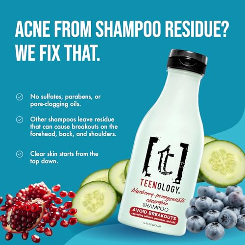 Teenology Teen Shampoo – Avoid Acne Breakouts, Sulfate & Paraben Free | Blueberry Pomegranate Cucumber – Free of pore-clogging oils – non-comedogenic formula with botanicals for acne-prone skin