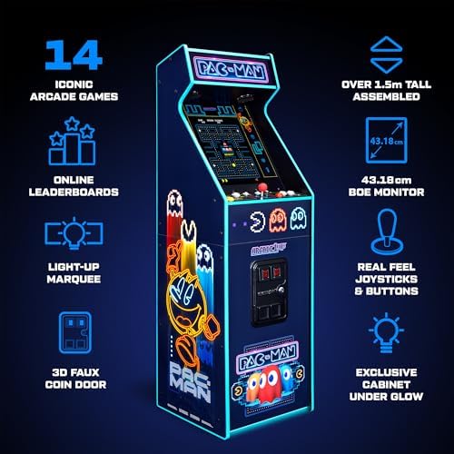 Arcade1Up Pac-Man Deluxe Arcade Machine, 14 Games, Neon | 17-Inch Screen, Retro Console Cabinet for Home, Stand Up Video Game, 5 Feet Tall