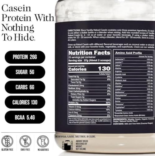 NAKED Casein - Vanilla Micellar Casein Protein - 5 Pound Bulk, NSF Certified, GMO-Free, Gluten-Free, Soy-Free, Preservative-Free - Stimulate Muscle Growth - Enhance Recovery - 61 Servings