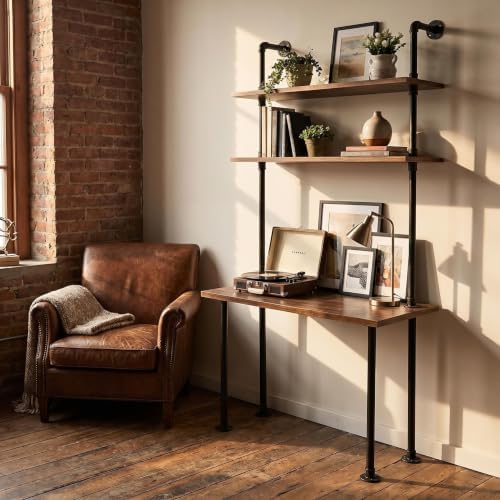 Industrial Pipe Desk with 3 Tier Shelves, Rustic Solid Wood Writing Workstation, Sturdy Metal Frame for Home Office Study Living Room Decor(40" L)