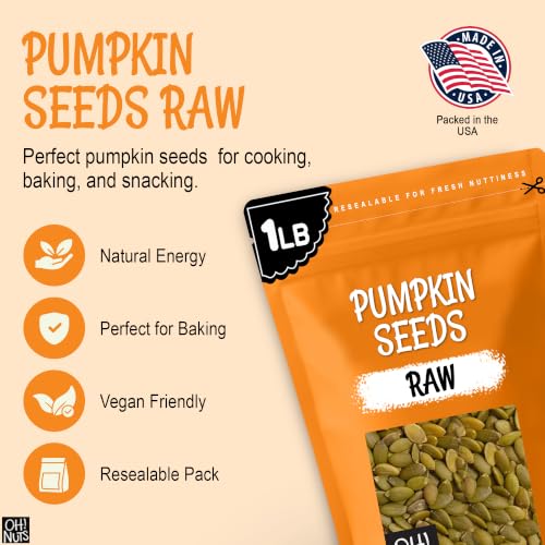 Oh! Nuts Raw Pumpkin Seeds Unsalted Pepitas 1 Pound - 100% Natural | Raw pumpkin seeds unsalted - 100% natural organic pepitas to eat - No shell - Packed in NY - Resealable zip-seal bag