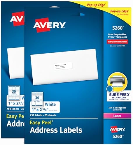 Avery® Easy Peel® Printable Address Labels, Sure Feed® Technology, 1" x 2-5/8" Customizable Stickers, White, 1,500 Blank Mailing Labels, Great for Mailing, Shipping, and More (2-Pack of 5260)