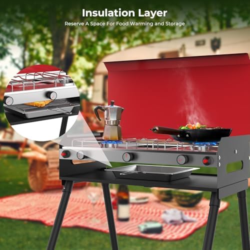 CAMPLUX 2 Burners & 1 Grill Propane Camping Stove, 15, 000 BTU Portable Outdoor Propane Camping Grill Burner with Free Standing Legs