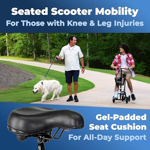 KneeRover Steerable Seated Scooter Mobility Knee Walker, Blue | Sitting Scooter with Leg Rest, Comfortable Gel Seat