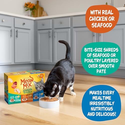 Meow Mix Paté & Shreds Wet Cat Food Variety Pack, Seafood & Poultry Favorites, 2.75 Ounce Cup (Pack of 12)