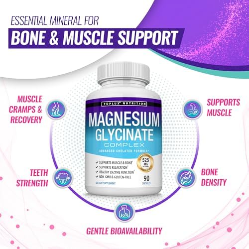 Magnesium Glycinate 525mg - High Absorption Chelated Magnesium Supplement Made with Pure Magnesium Glycinate - Supports Muscles, Sleep, Cramps