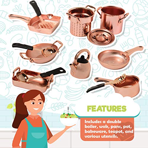 13 Piece Plastic Copper Look Cookware Set for Pretend Kitchen Play for Ages 3 Years and Up