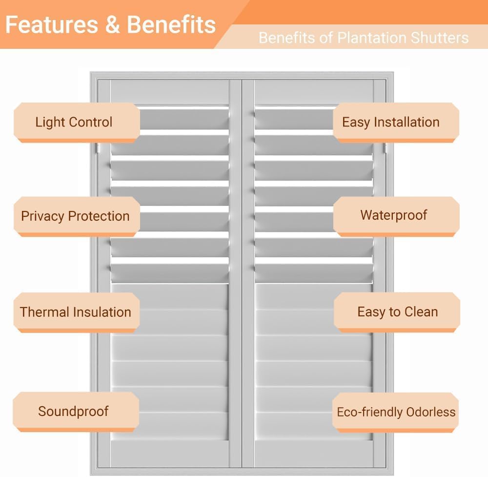 Plantation Shutters for Interior Windows with Front Tilt Faux Wood | Custom Made for Interior/Inside Window of Bathroom, Kitchen, Livingroom, Bedroom