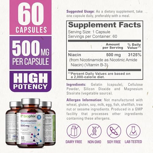 biophix B-3 Nicotinamide 500 mg 180 Caps - Nicotinic Amide Niacin Natural Flush-Free Vitamin Formula - Supports Skin Cell Health