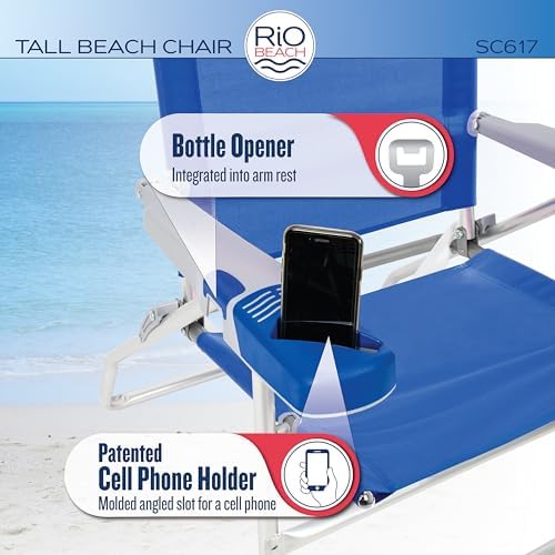 Rio Brands 17" Extended Height 4-Position Folding Beach, Camping, Lawn Chair, Blue/White/Green