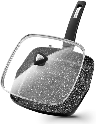 KOCH SYSTEME CS 9.5 Inch Nonstick Grill Pan for Stove Tops, Marble Coating Square Grill Skillet with Lid, Fry Pan Compatible with all Stoves