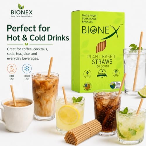 Bionex 8” Sugarcane Straws, 100 Count – Biodegradable & Compostable Disposable Drinking Straws, Made in USA