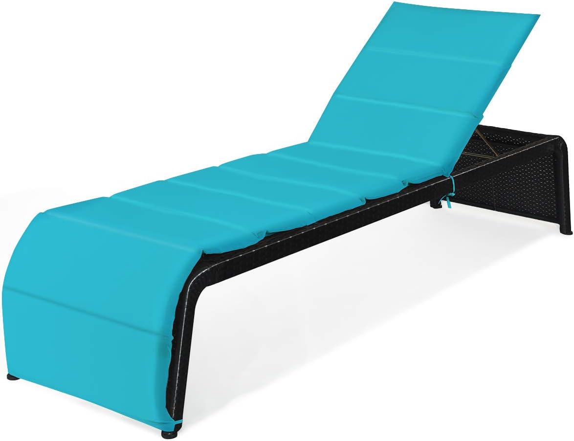 Tangkula Outdoor Chaise Lounge Chair, 5-Position Adjustable Rattan Recliner Chair w/Cushioned Seating and Adjustable Feet
