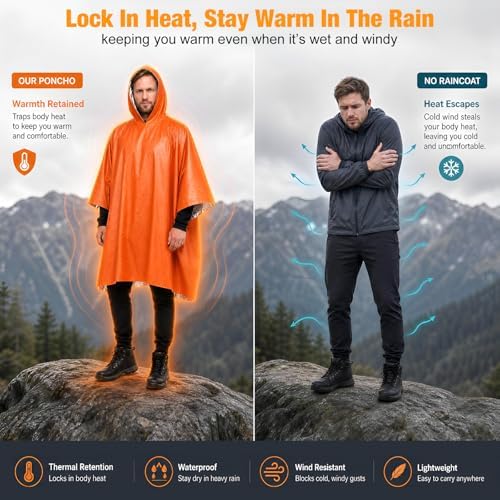 4 Pack Emergency Survival Mylar Poncho | 90% Heat Retention, Waterproof, Windproof, Tear-Resistant, Individually Packed for Hiking, Camping, Car Emergency Kit