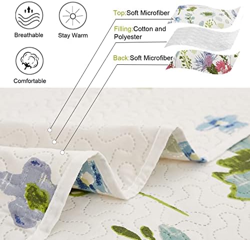 Ycosy Floral Quilt Set Full/Queen Size Reversible Flower Bedspread Queen Summer Lightweight Quilt Bedding Purple Floral Quilts Green Leaves Coverlet