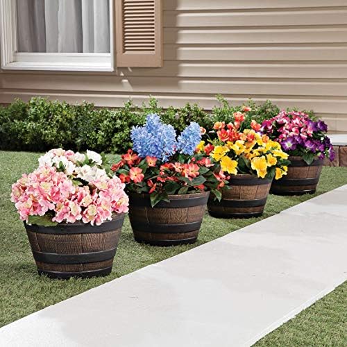 Fox Valley Traders Wood-Look Barrel Planters, Lightweight Durable | Plastic, Outdoor D cor, Rustic - 8 -H x 13 -Dia