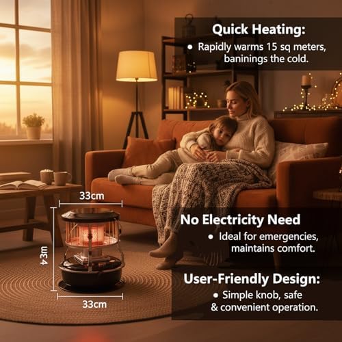 Indoor Kerosene Heater, Portable Kerosene Heater for Camping and Emergency, 9000 BTU 2400W Output with 1.21 Gallon Fuel Tank, 18–22 Hour Burn, 0.2–0.24L/H Consumption (Red)
