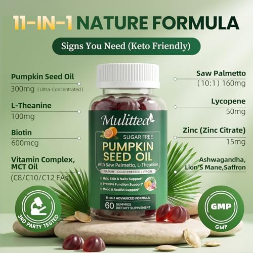 2PK Pumpkin Seed Oil with Saw Palmetto Gummies for Hair & Prostate Support* | 11-in-1 w/ L-Theanine, Ashwagandha & MCT Oil for Mood&Daily Wellness, Essential Fatty Acids&Phytosterols|Non-GMO|Women&Men