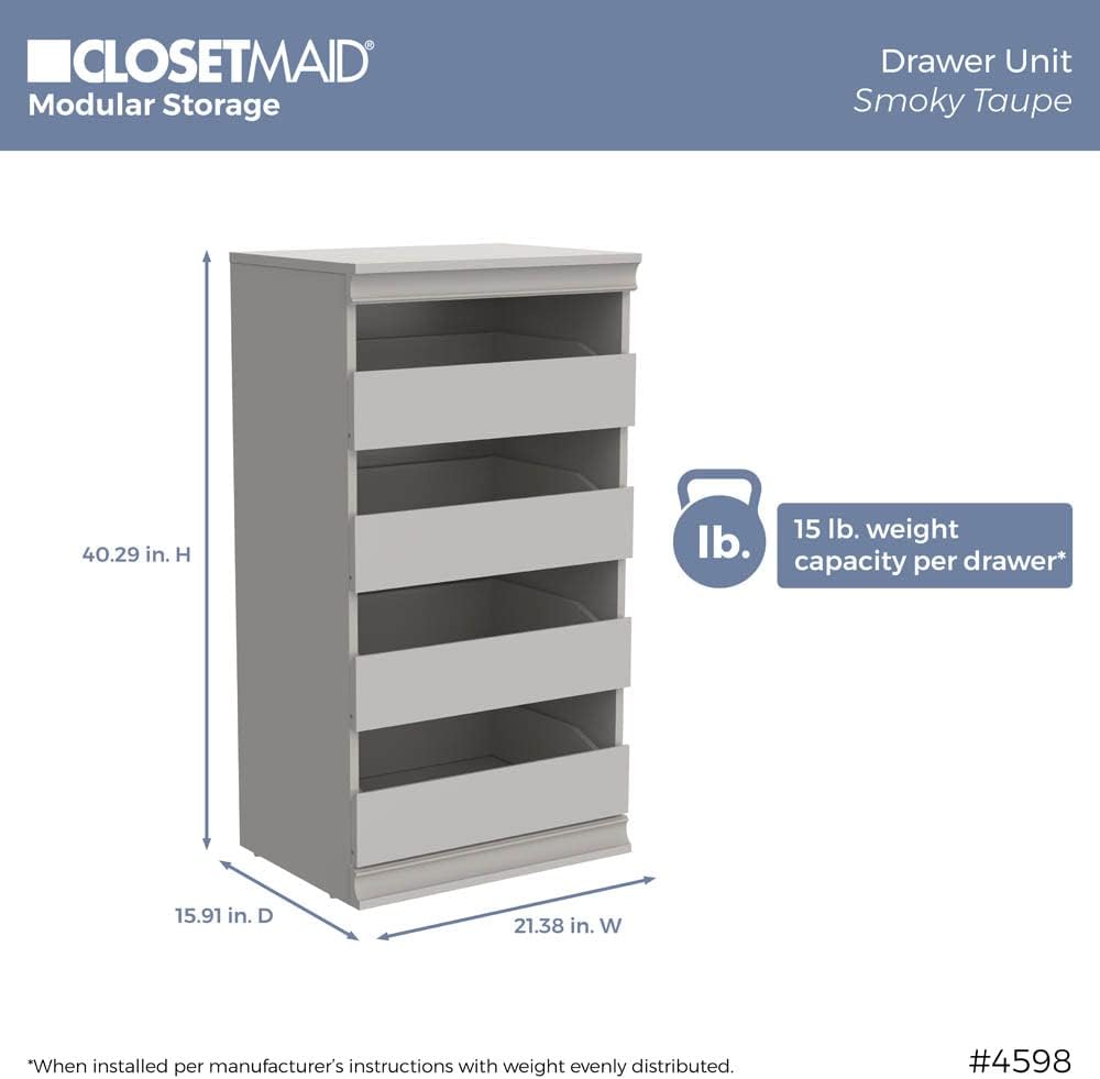 ClosetMaid Modular Storage Unit with 4 Drawers, Wood Closet Organizer, Stacking, Full Backer, Storage, Decorative Trim, White