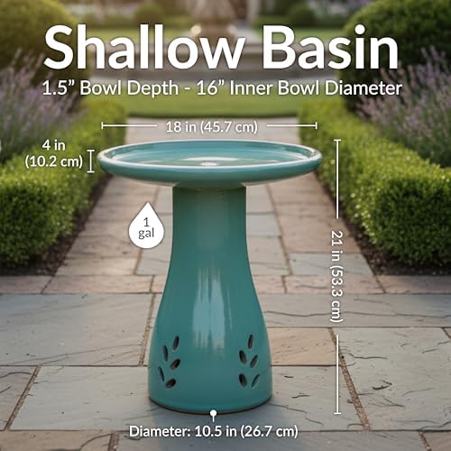 Sunnydaze Hand-Painted Ceramic Outdoor Bird Bath for Garden, 21” H, Seafoam