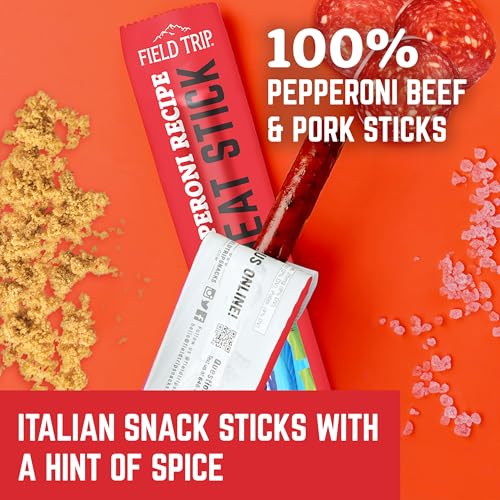 Field Trip Grass Fed Pepperoni Jerky Snack Sticks, Keto, Paleo, Gluten Free, Allergy Friendly Snack, High Protein, 50 Calorie Snack, 0.5oz, 24 Pack | Grass Fed, Keto, Paleo, Gluten Free, Allergy Friendly Snack, High Protein, 50 Calorie Snack