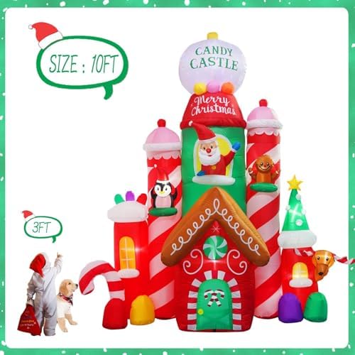 [Flash Light] 10FT Tall Christmas Inflatable Outdoor Decoration Candy Castle with Santa Gingerbread and Penguin