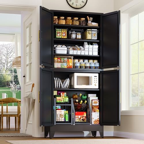 GAIOUS 75.2" Tall Metal Kitchen Pantry Storage Cabinets with 2 Door and 5 Adjustable Shelves, Cupboard for Kitchen, Dining Room, Living Room and Bathroom, White