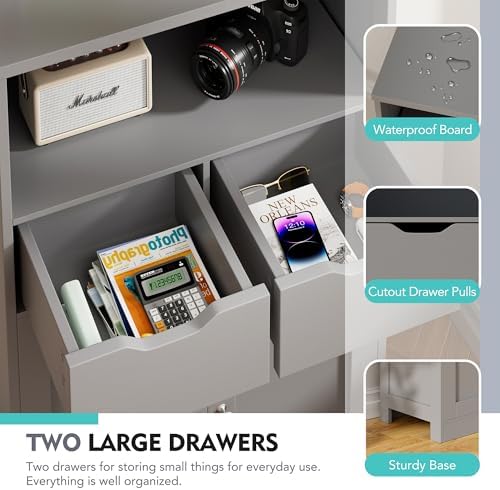 Vongrasig Bathroom Storage Cabinet, 42.5" H Freestanding Floor Cabinet | Wooden Modern Cabinet with 2 Drawers, Open Shelf and Adjustable Shelf for Bathroom, Laundry Room and Entryway, White