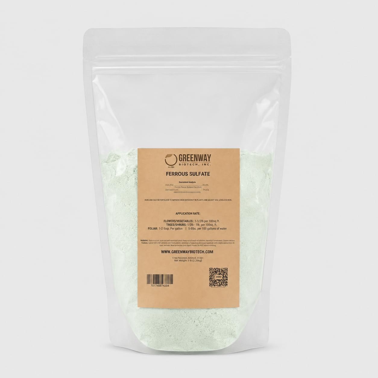 Greenway Biotech Ferrous Sulfate 20% Iron Fe Fertilizer, Water Soluble Plant Food with Sulfur for Lawns Trees Shrubs Vegetables and Acid-Loving Plants, Powder Soil Amendment 1 LB