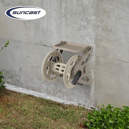 Suncast Handler Durable Hard Plastic Wall Mounted Outdoor Retractable Garden Hose Reel with Storage Tray and 200 Feet Hose Capacity, Taupe