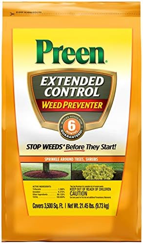 Preen Extended Control Weed Preventer - 4.93 lb. Bottle - Covers 805 sq. ft. | PreEmergent Herbicide for Garden Weed Control –Prevents Weeds up to 6 Months – For Perennials and Shrubs